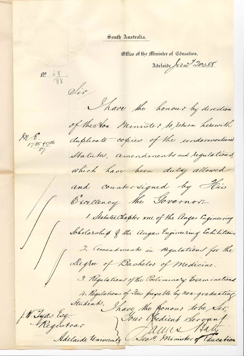 James Bath - Secretary - Office of the Minister of Education - Adelaide - Returning Statutes and Regulations Duly Allowed