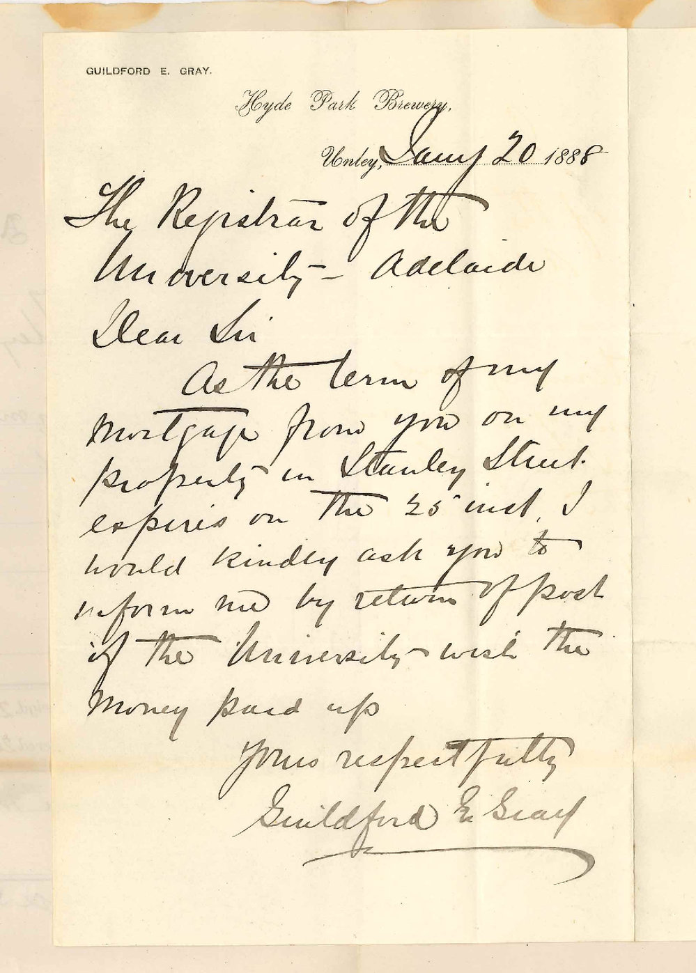 Guilford E Gray - Hyde Park Brewery - Unley - Concerning Mortgage Due on 25th Instant