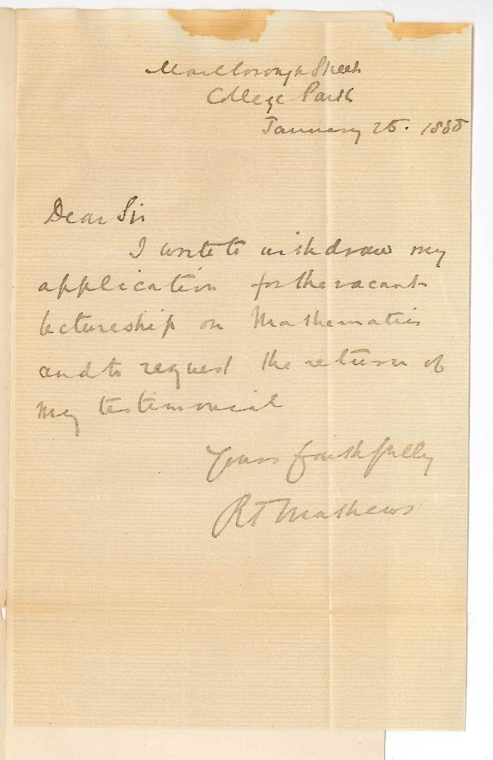 Reverend R T Mathews - College Park - Asking for Return of Testimonial