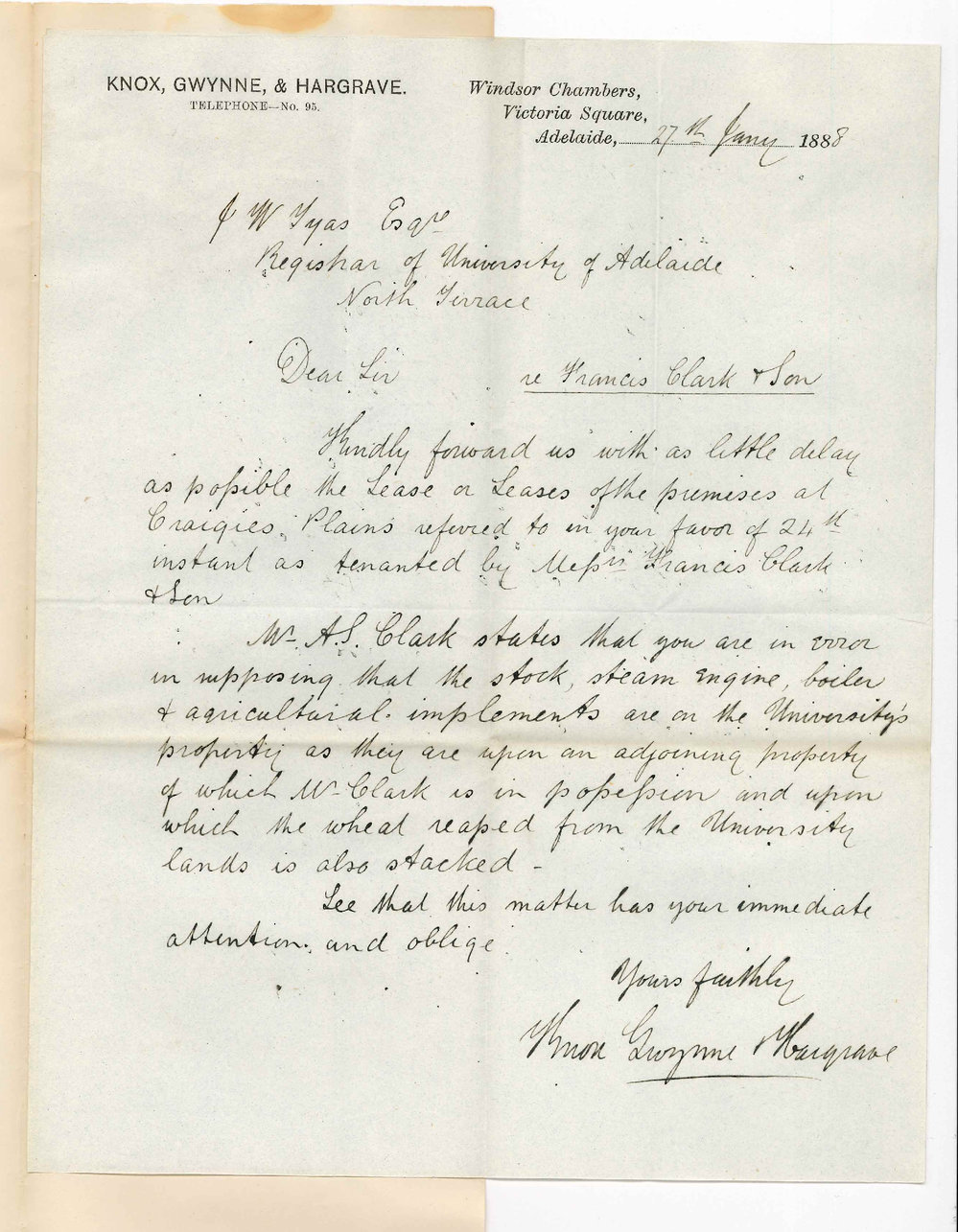 Knox Gwynne and Hargrave - Victoria Square Adelaide - Asking for F Clark and Sons Lease