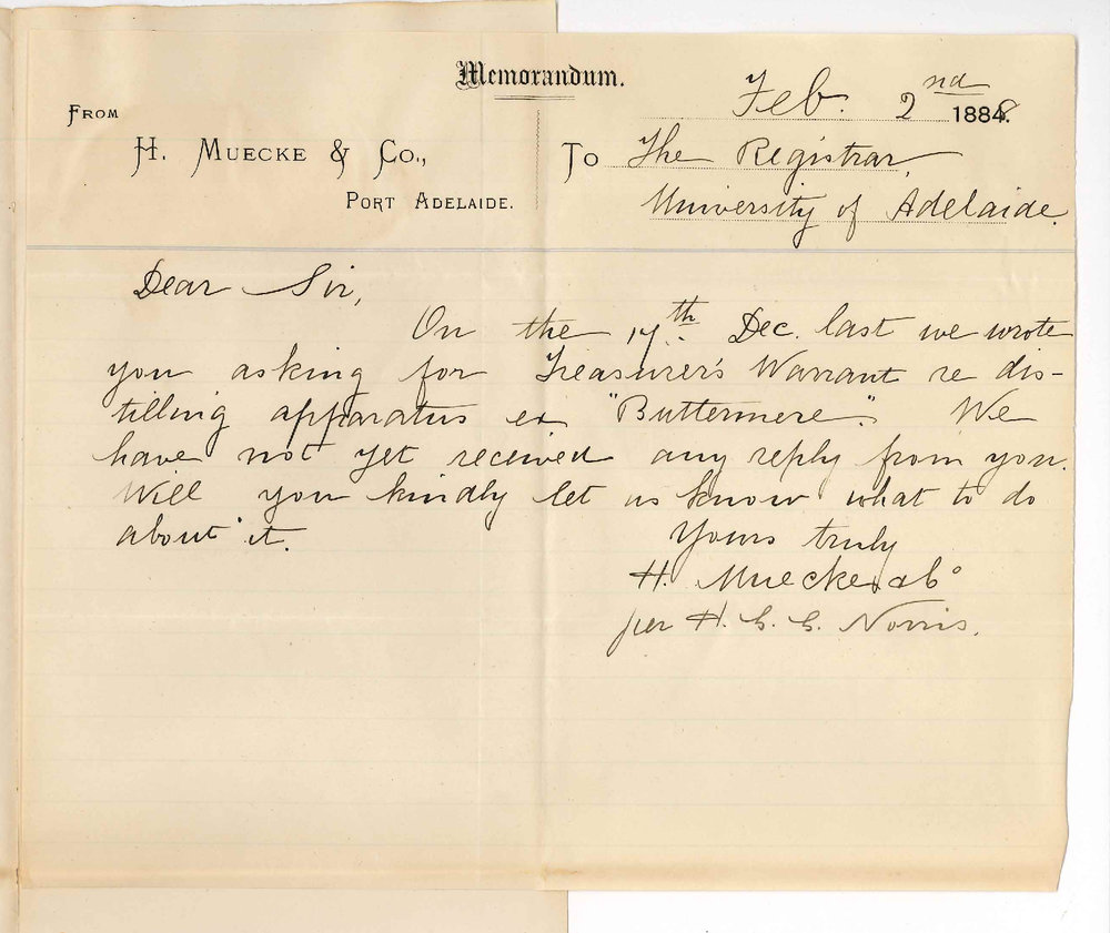 Hugo Carl Emil Muecke and Co - Port Adelaide - Treasurers Warrant Regarding Distilling Apparatus per Buttermere