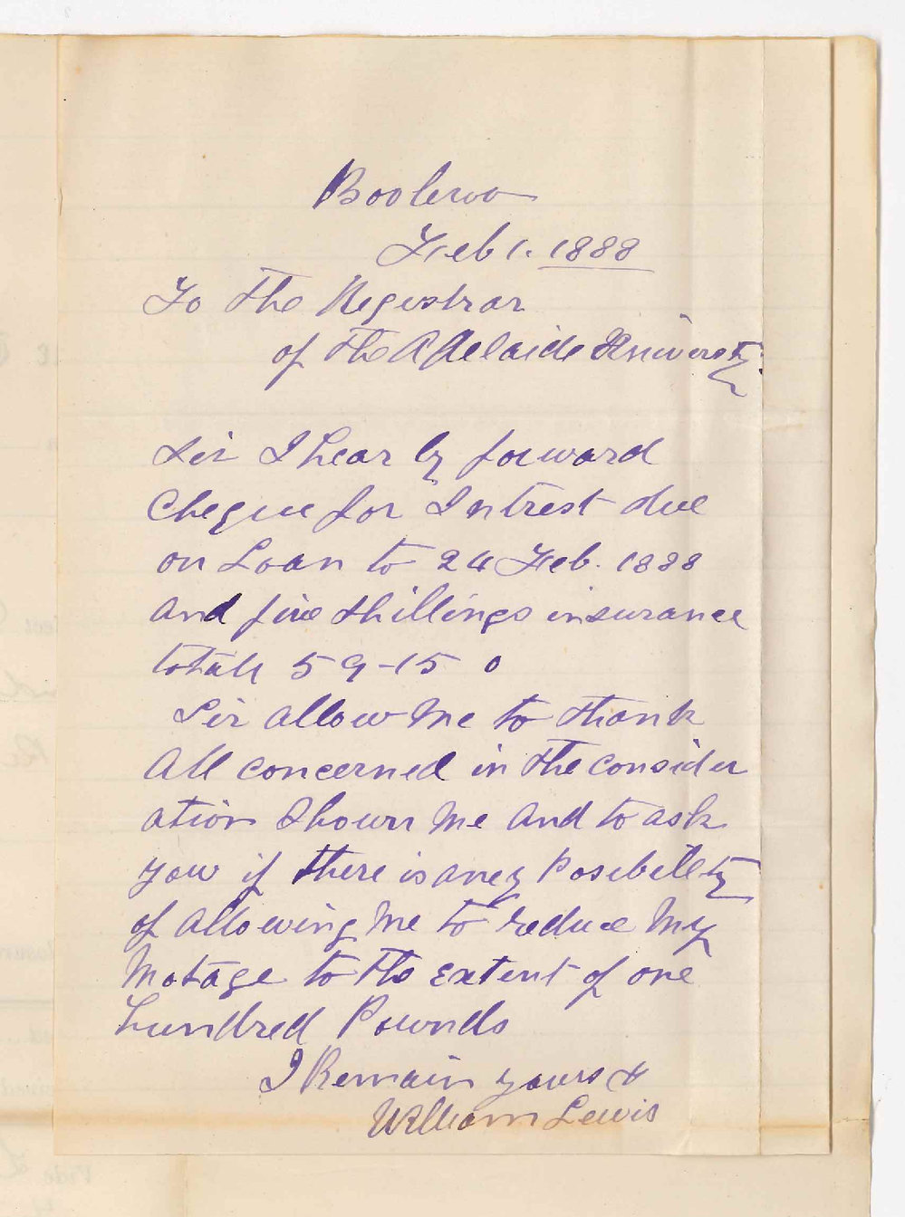 William Lewis - Booleroo - Payment of Interest and Insurance - Reduction of Mortgage