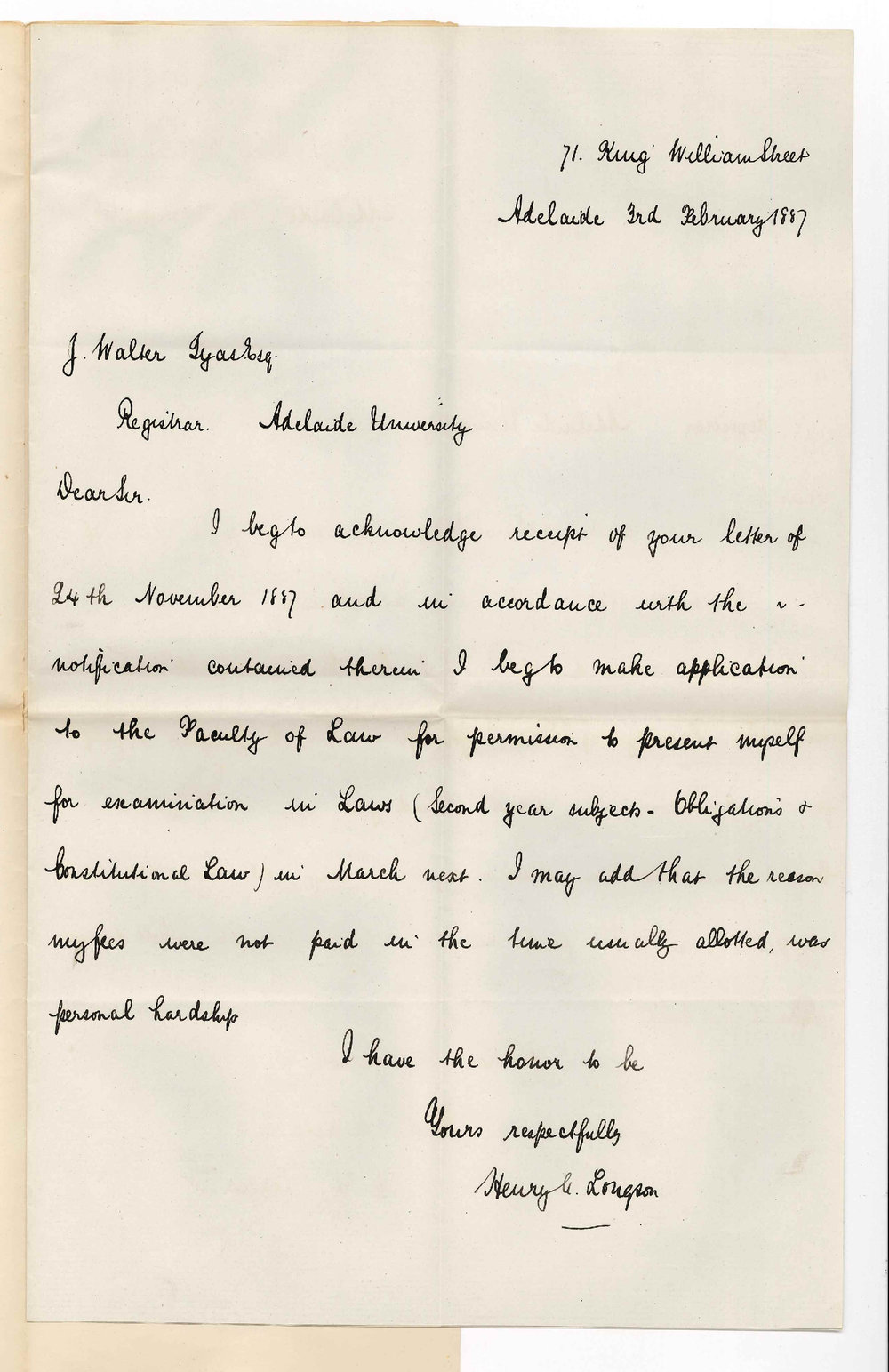 Henry Abraham Longson - King William Street Adelaide - Permission to Come for Examination in March