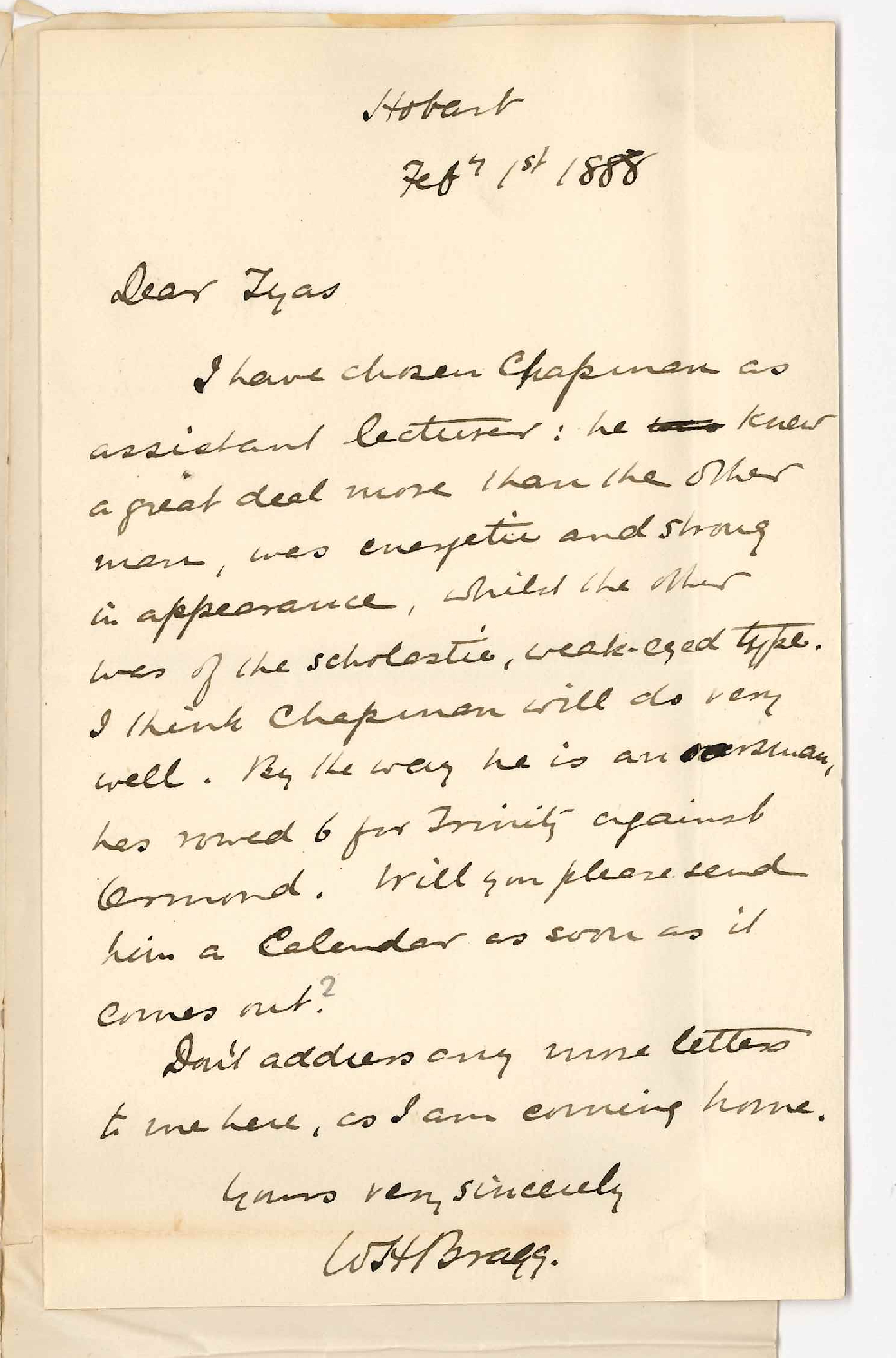 Professor William Henry Bragg - Hobart - Selection of Assistant Mathematical Lecturer