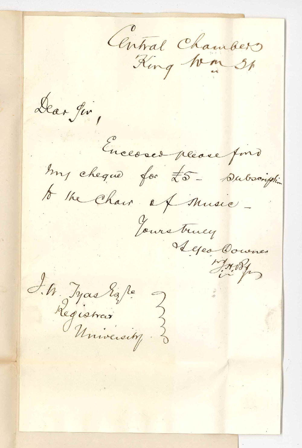 Alexander George Downer - King William Street Adelaide - Subscription to Chair of Music for 1888