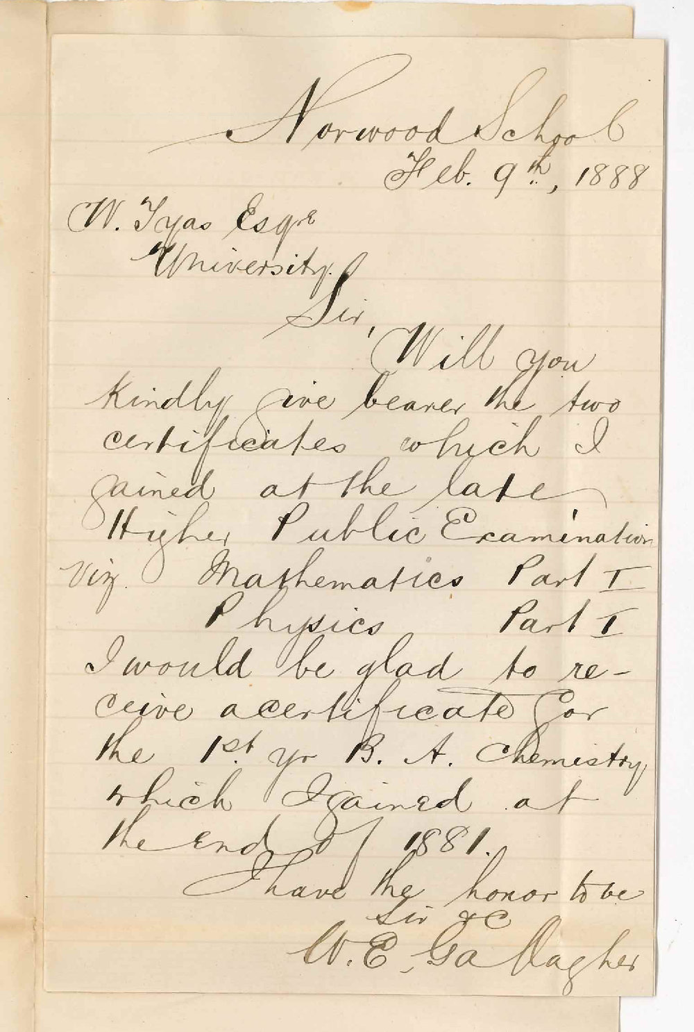 William Edward Gallagher - Norwood School - Certificates for Higher Examination