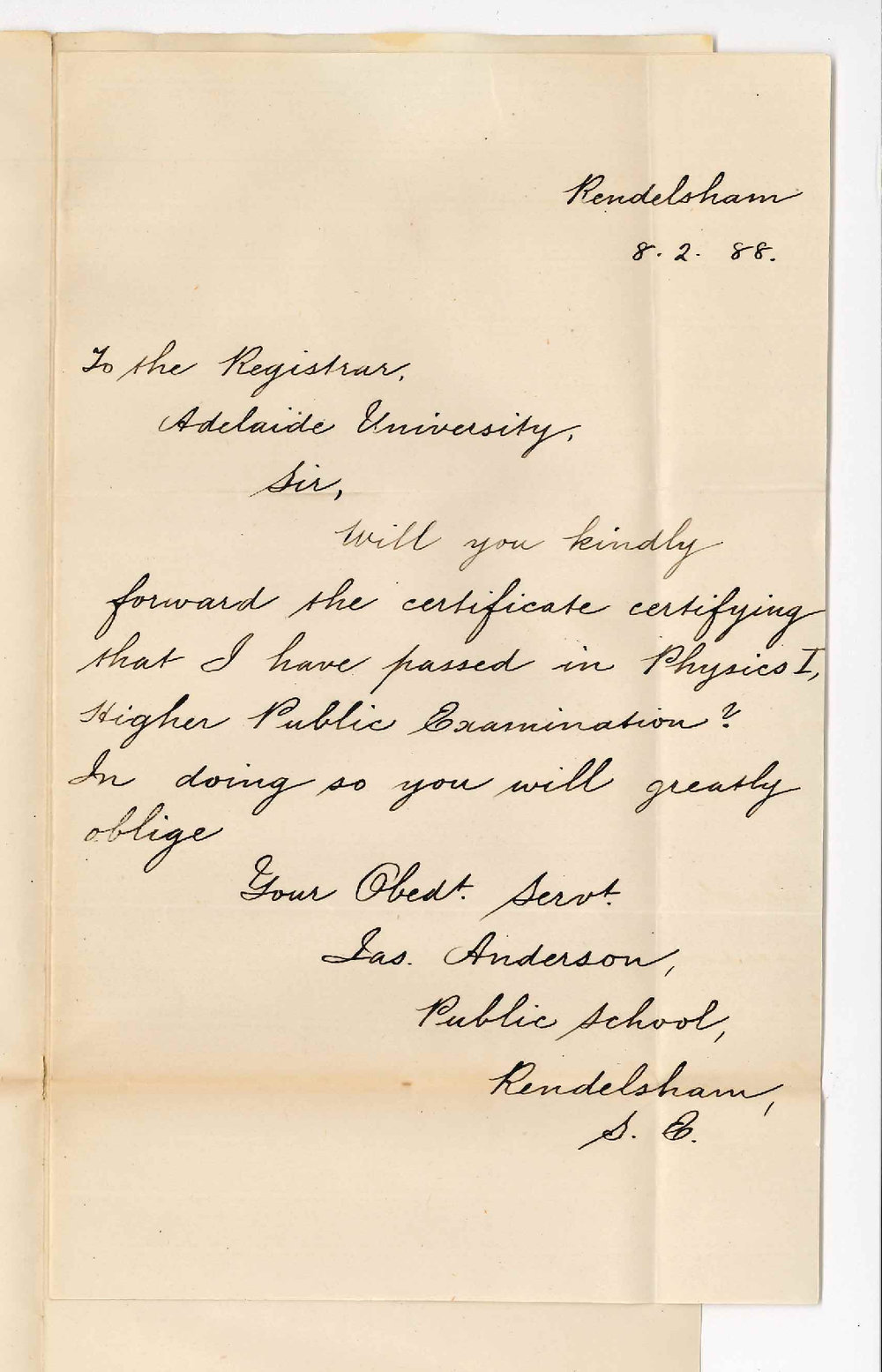 James Anderson - Public School - Rendelsham - Certificate for Higher Public Examination