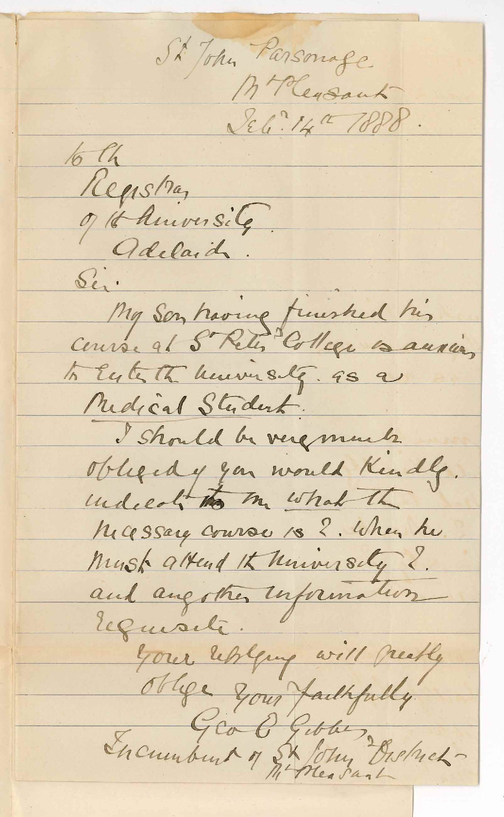 Reverend George E Gibbes - Mount Pleasant - Particulars Concerning Medical Course