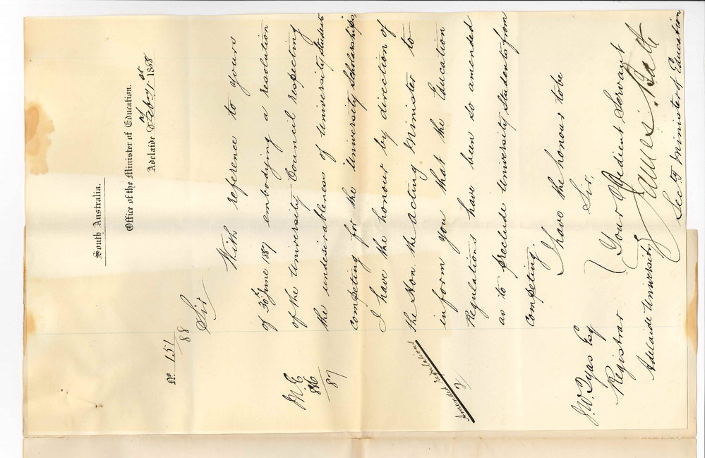 James Bath - Secretary - Office of the Minister of Education - Adelaide - Alterations in Regulations of University Scholarships