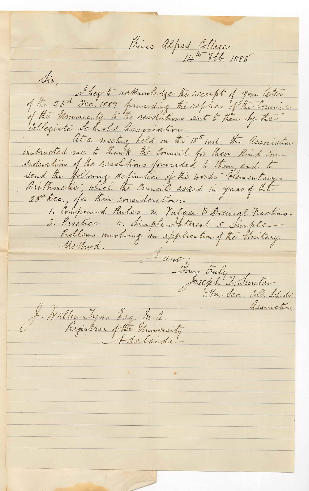 Joseph T Sunter - Secretary Collegiate Schools Association - Prince Alfred College - Concerning Arithmetic for Preliminary Examination