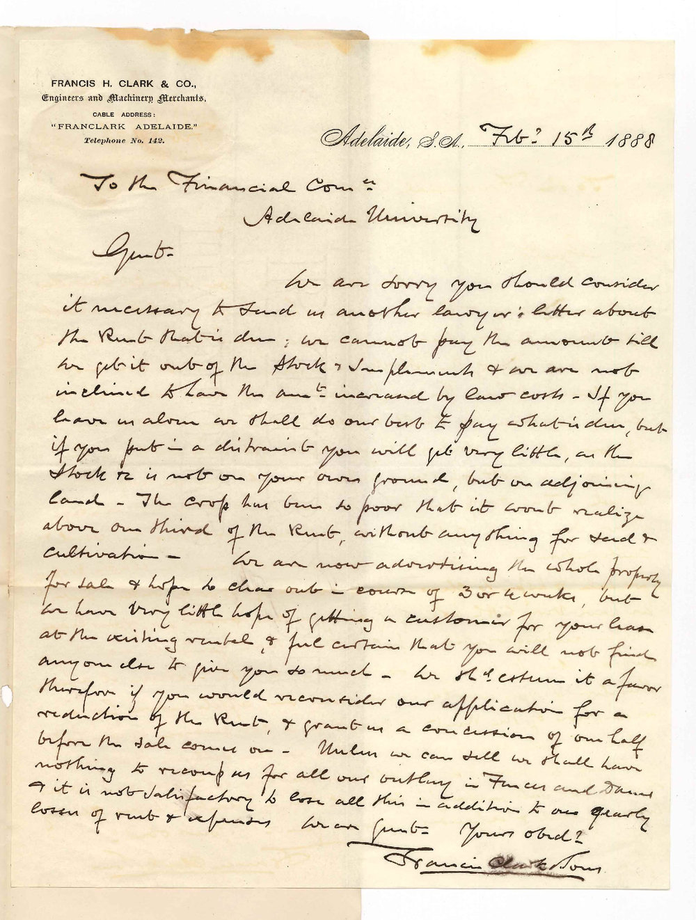 Francis Clark and Co - Adelaide - Concerning Non Payment of Rent