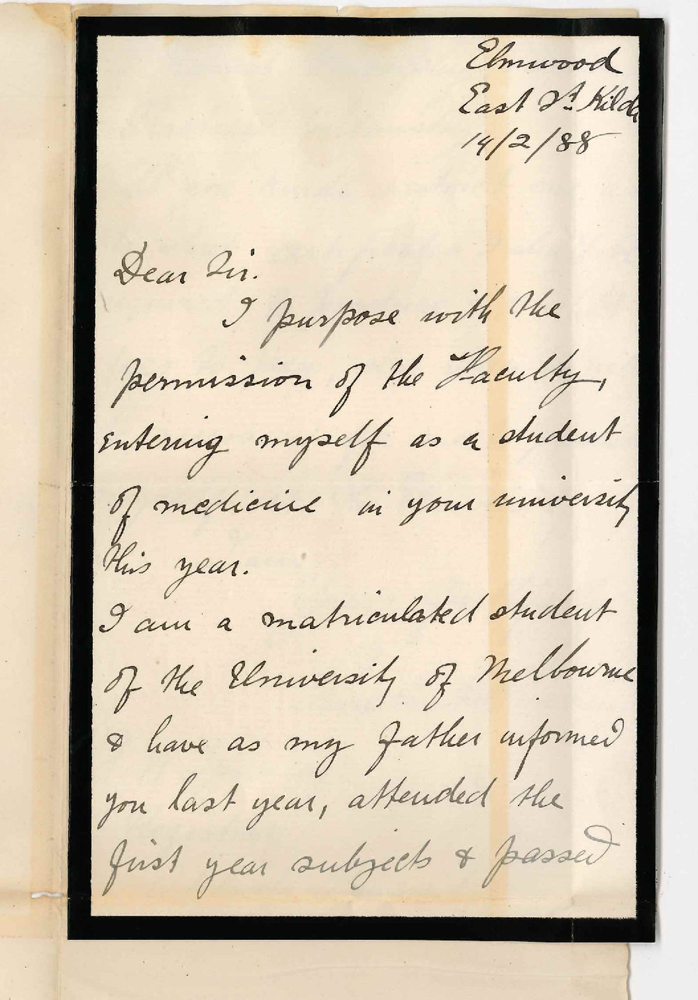 Austin Henry Chinnock Embling - St Kilda Victoria- Concerning his Admission to the Medical Course