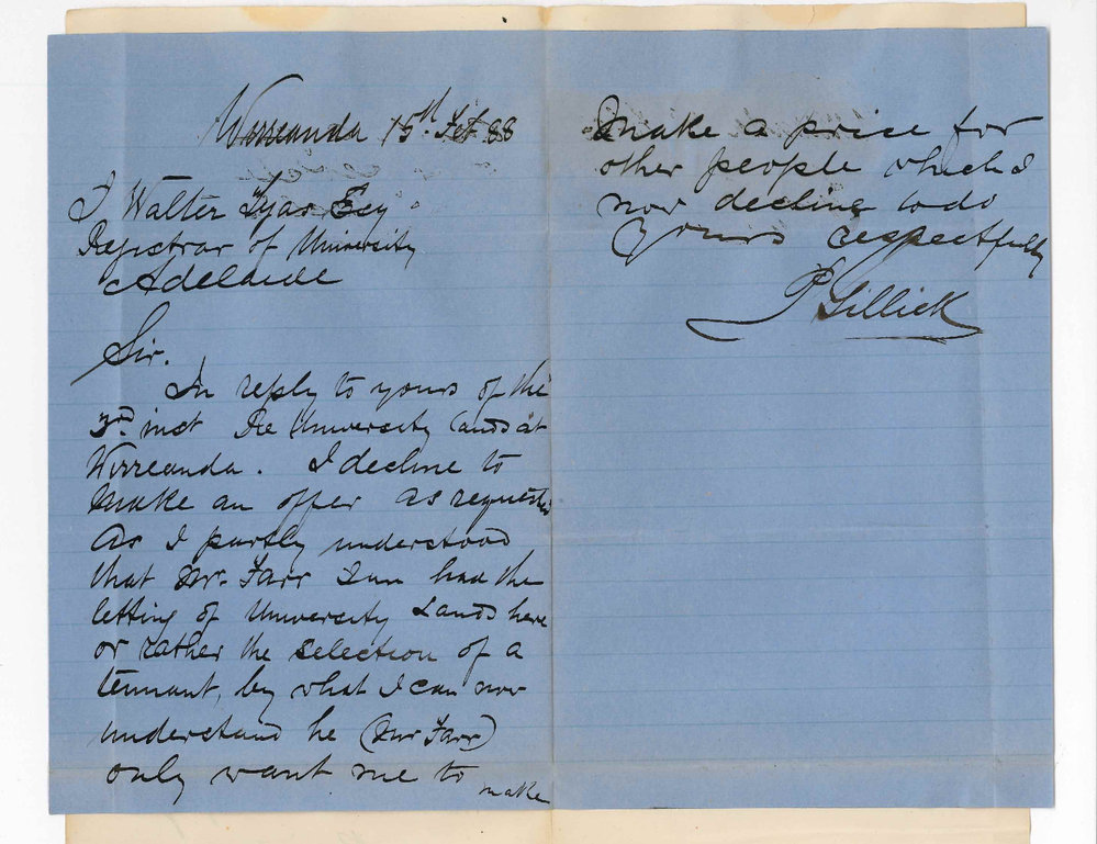 Patrick Gillick - Wirreanda - Declining to Make Offer of Rent for Wirreanda Lands