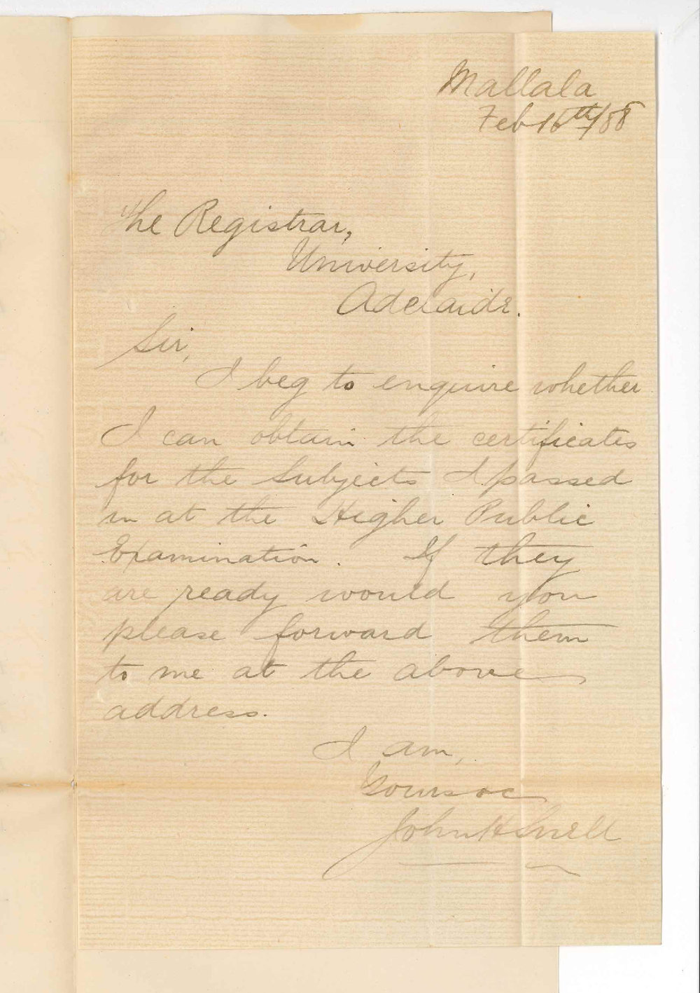 John H Snell - Mallala - Certificate for Higher Public Examination