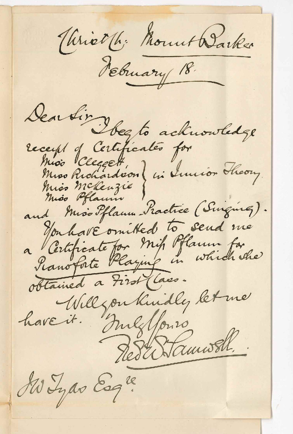 Reverend Frederick William Samwell - Mount Barker - Certificate for Pianoforte Playing Miss Pflaum