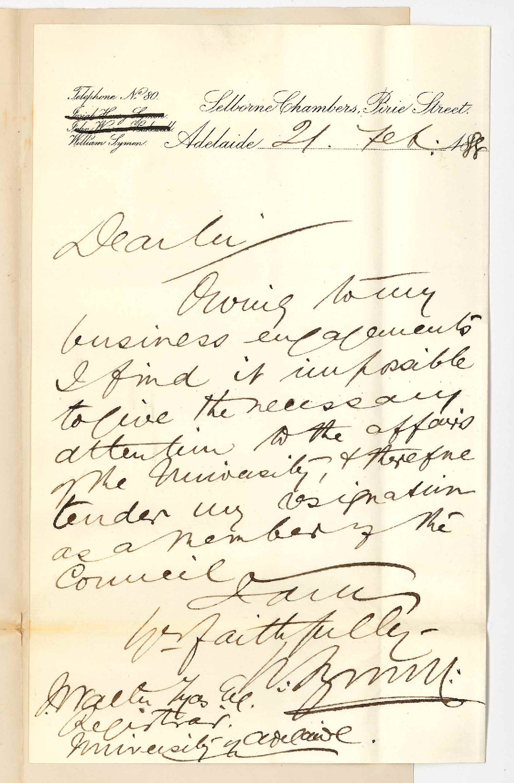 William Symon - Pirie Street Adelaide - Resigning as a Member of the Council