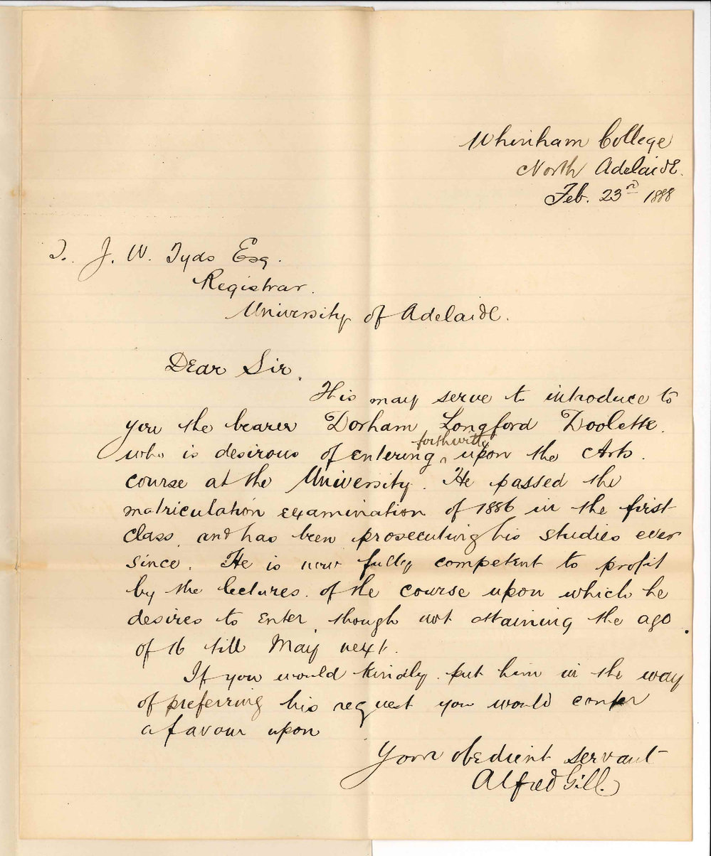 Alfred Gill - Whinham College - North Adelaide - Concerning Case of D L Doolette Who Wishes to Enter BA Course Under Age
