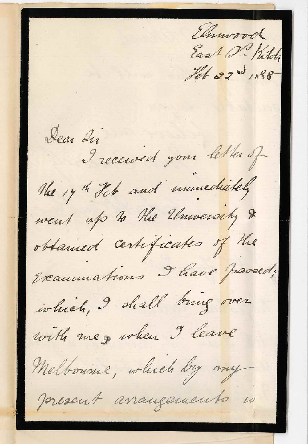 Austin Henry Chinnock Embling - St Kilda Victoria - Concerning Admission to the Medical Course
