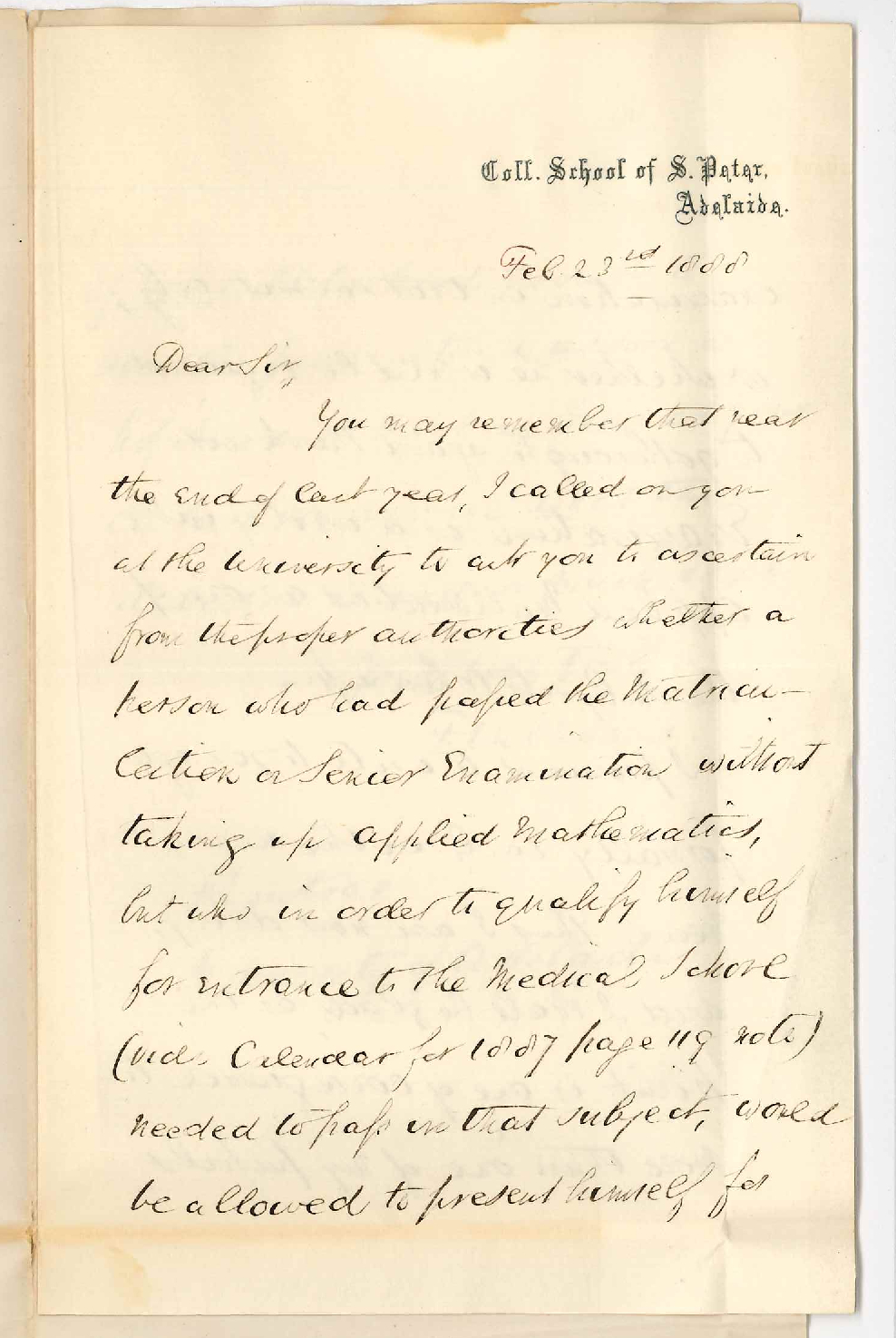 Reverend Francis Williams - College School of St Peter - Adelaide - Concerning Subjects Necessary to Pass Before Entering as a Medical Student
