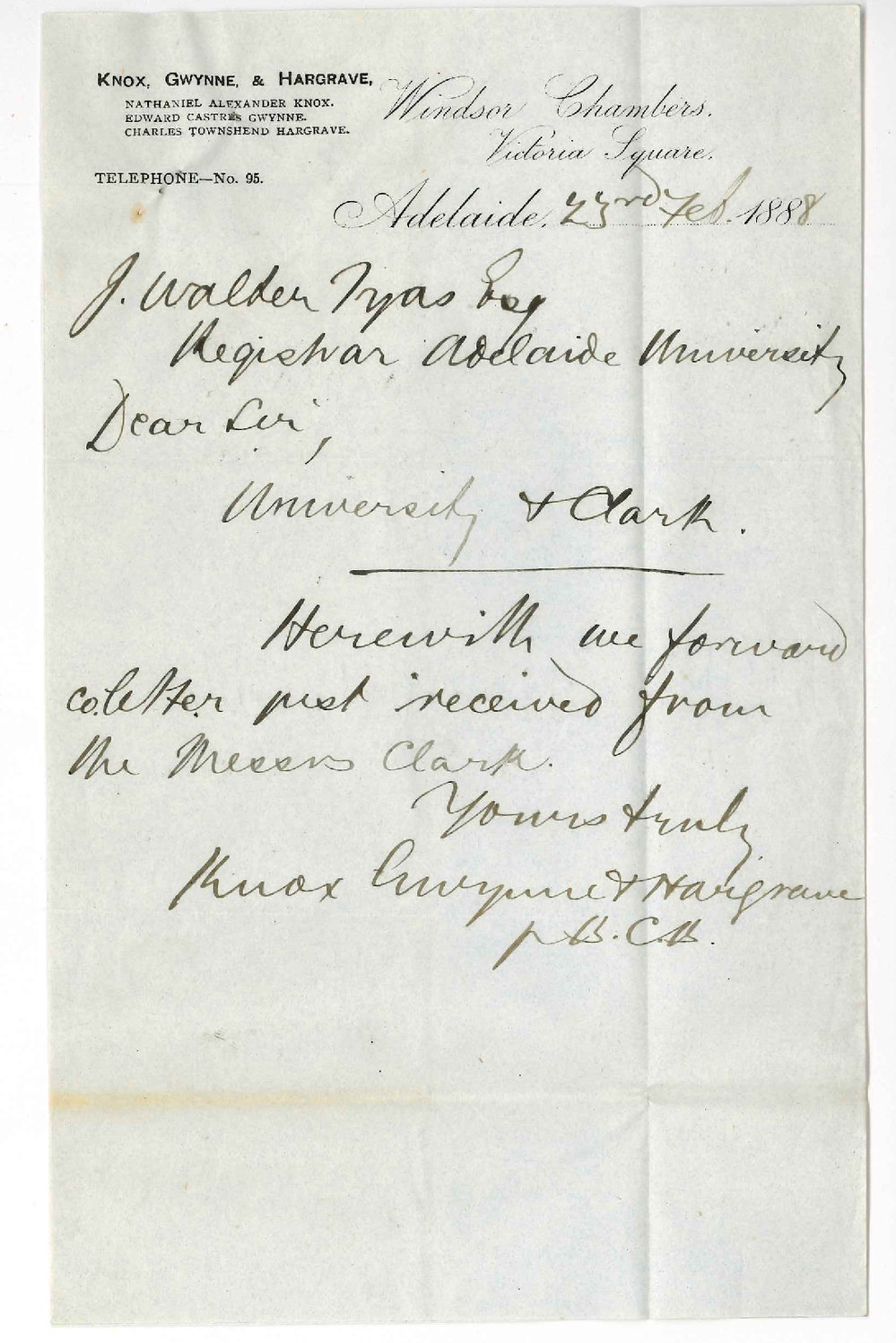 Knox Gwynne and Hargrave - Victoria Square Adelaide - Concerning the Case of Messrs F Clark and Sons