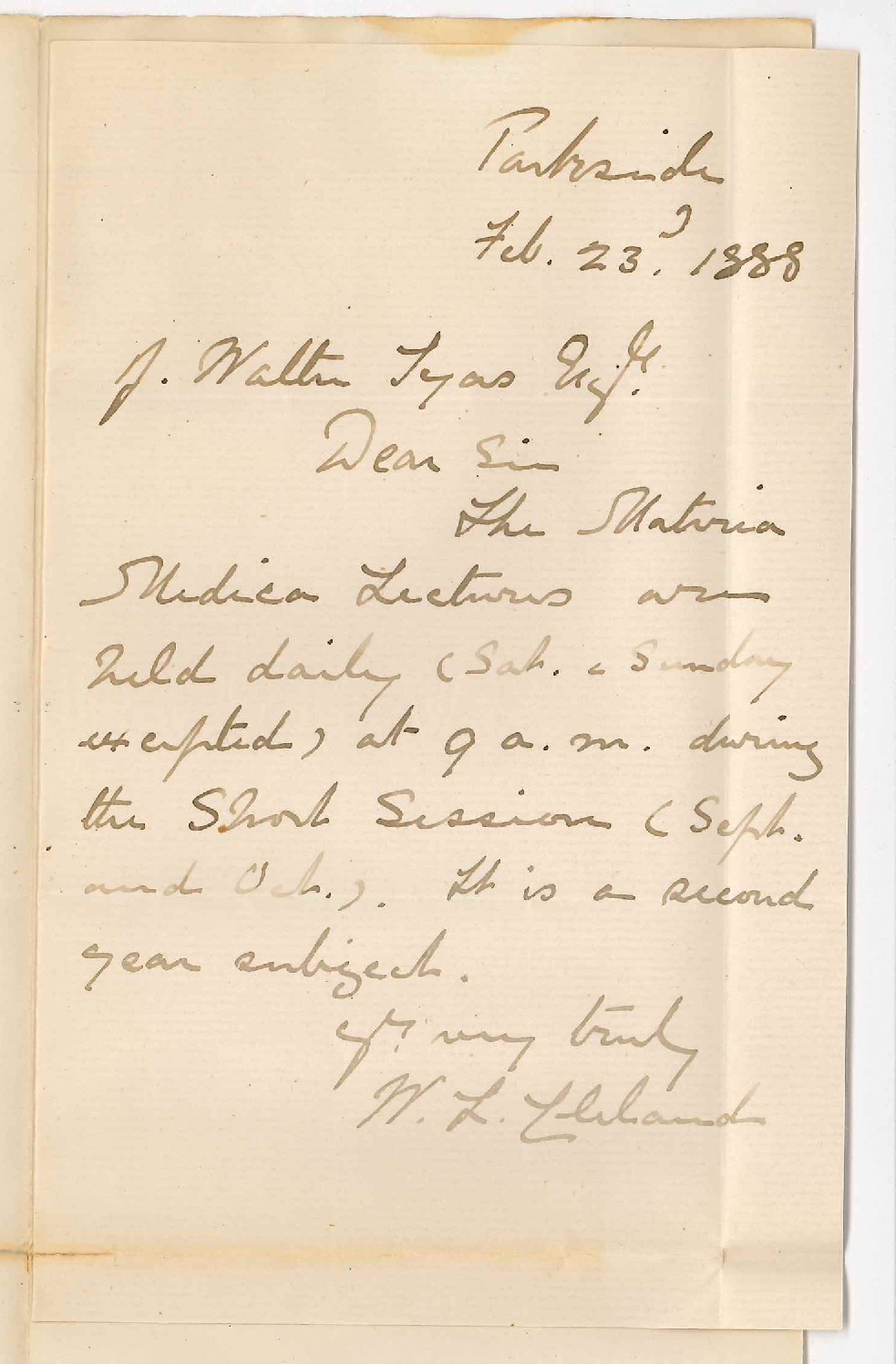Dr William Lennox Cleland - Parkside - Timetable of Lectures for 1888