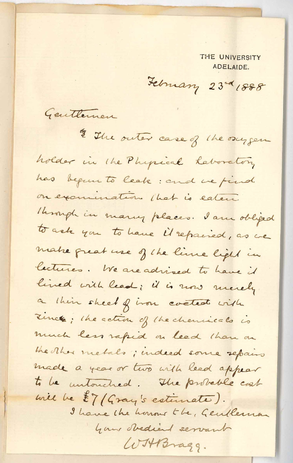 Professor William Henry Bragg - The University - Repairs to Oxygen Holder Cost &pound;7