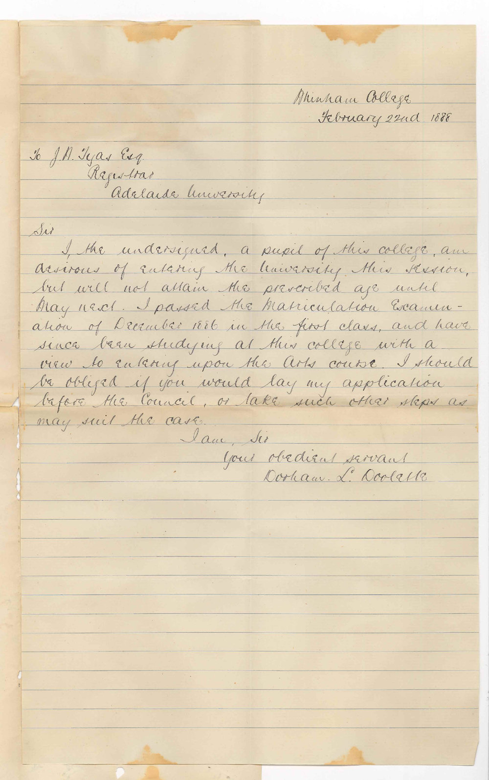 Dorham Longford Doolette - North Adelaide - Asking to be Admitted to the BA Course Under Age