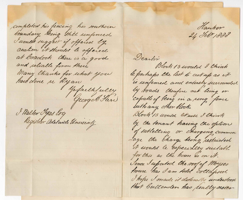 George A Farr - Hawker - Letting of University Block at Wirreanda for Commonage