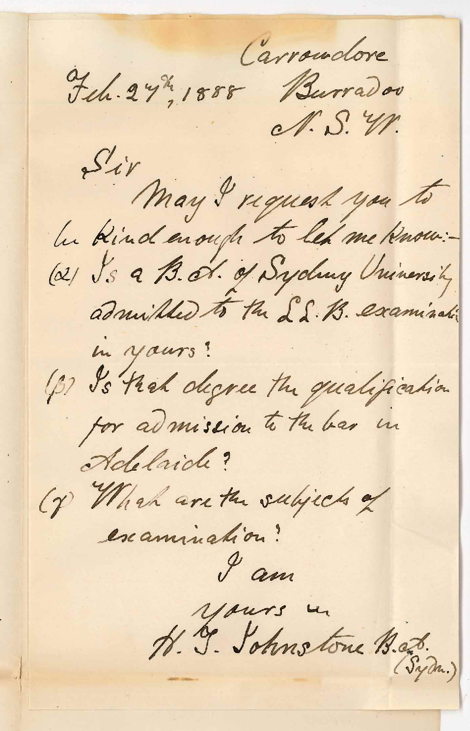 H T Johnstone - Sydney - Concerning the BA and LLB Courses