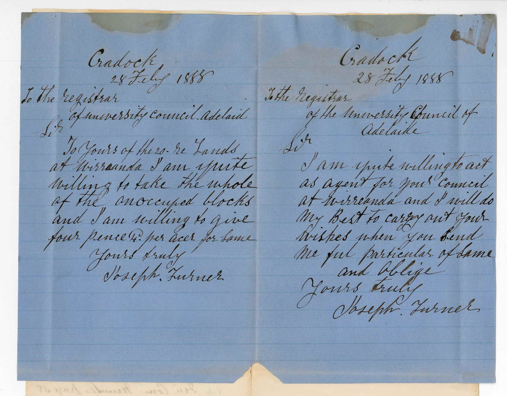 Joseph Turner - Cradock - Will Take All Vacant Wirreanda Land at 4 Pence