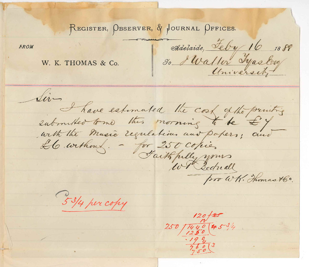 W T Bednall - Register Observer and Journal Offices - Adelaide - Cost of Printing in Pamphlet Form Music Regulations and Papers for Junior and Senior Public Examinations