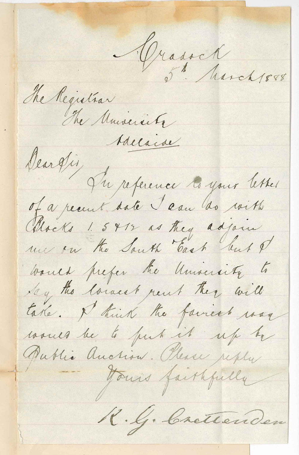 Robert George Crettenden - Cradock - Will Take Some of Wirreanda Vacant Lands