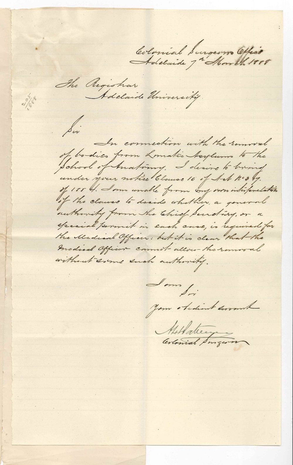 Dr Alexander Stuart Paterson - Colonial Surgeon - North Terrace - Concerning Payment for Burial of Paupers from the School of Anatomy - Obtaining Licences from Chief Secretary to Deliver Unclaimed Bodies