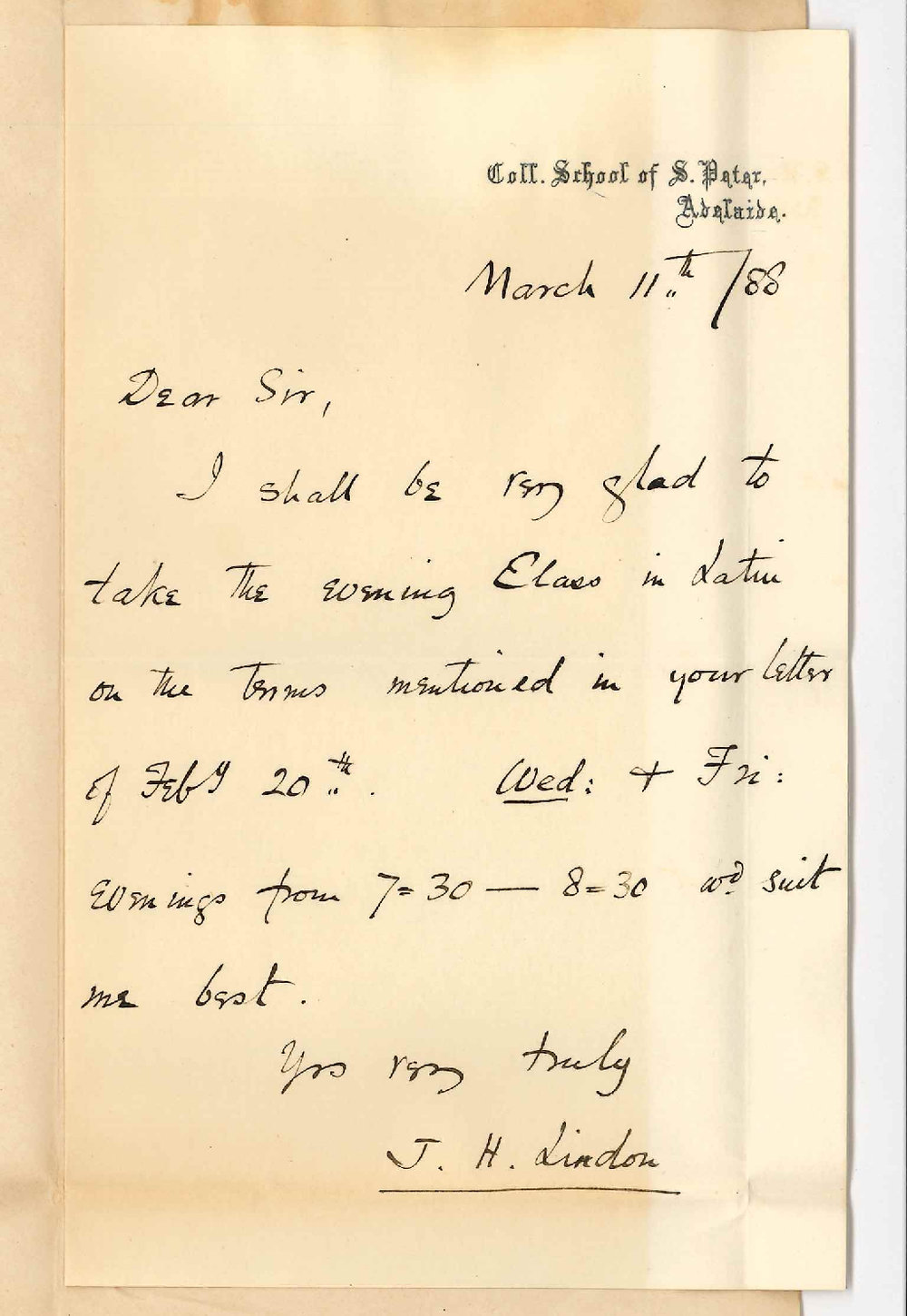 James Henry Lindon - College School of St Peter - Accepts Post as Evening Class Lecturer on Latin