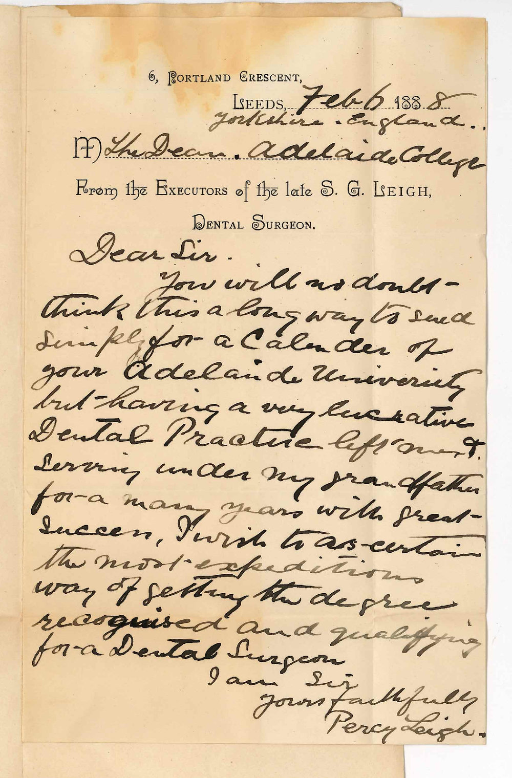 Percy Leigh - Dental Surgeon - Yorkshire - Asking for Copy of the Calendar