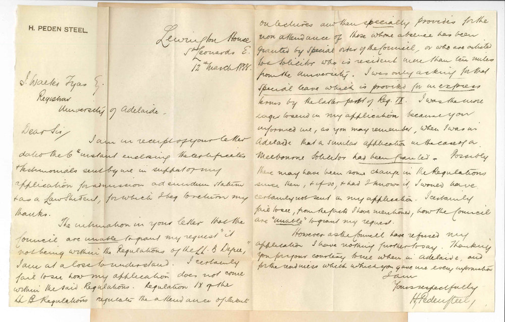 Hugh Peden Steel - Sydney New South Wales - Concerning His Application for Admission Ad Eundem Statum