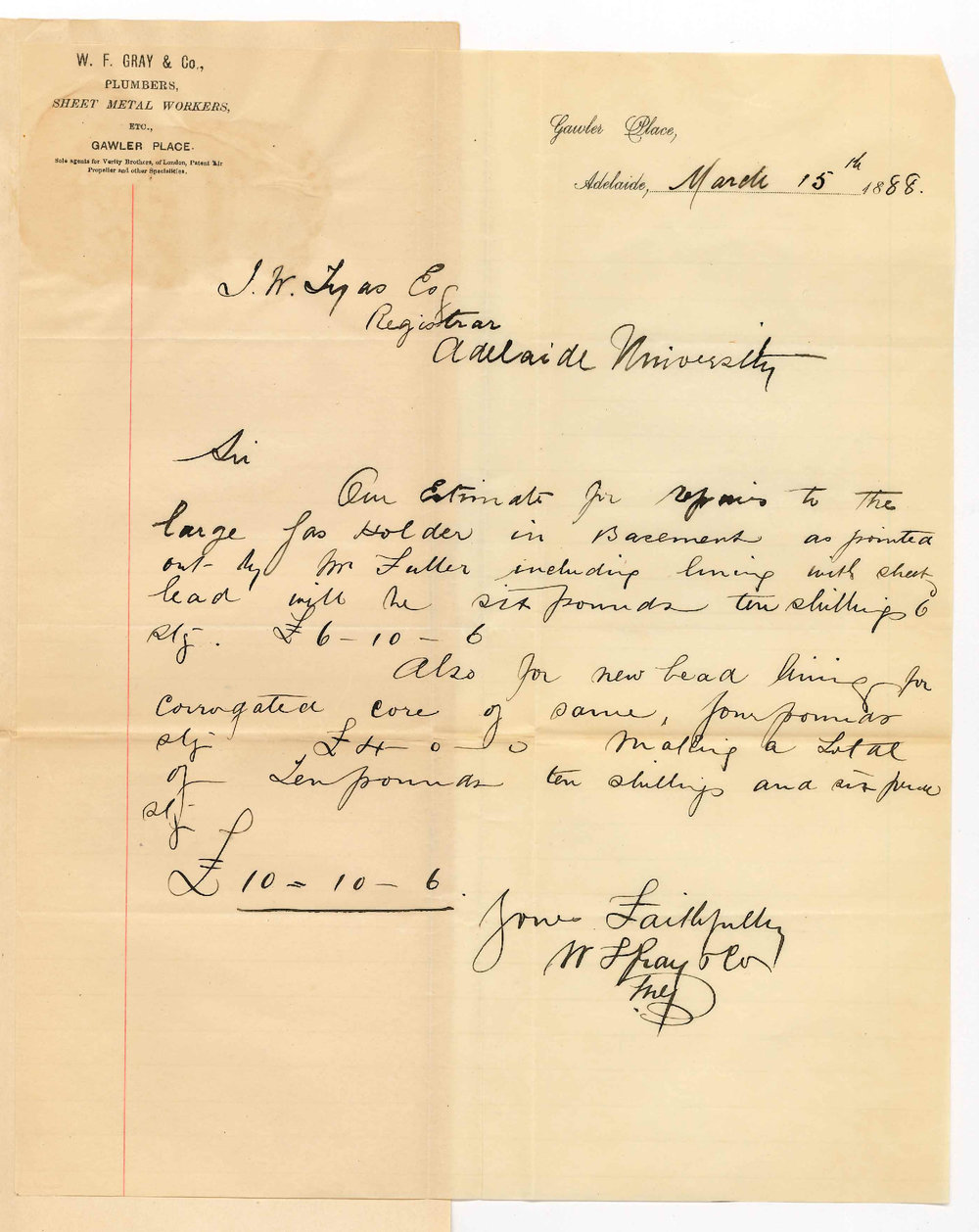 W Frederick Gray and Co - Gawler Place Adelaide - Estimate of Cost Repairs to Gas Holder