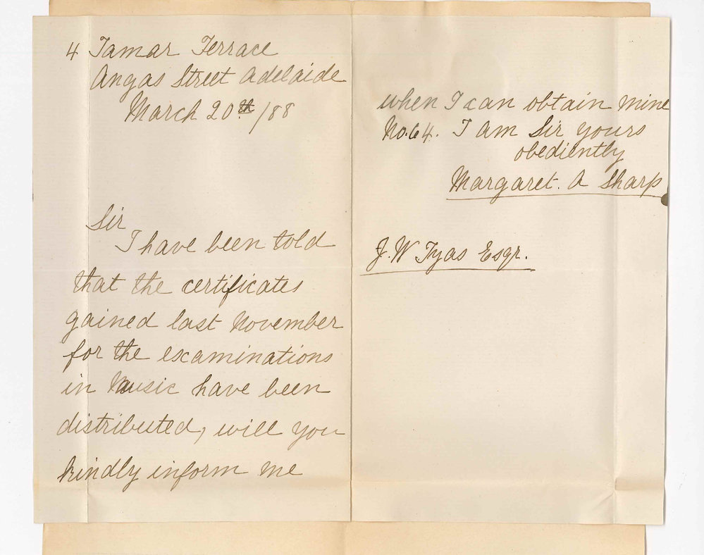 Margaret A Sharp - Angas Street Adelaide - Asking for Music Certificate