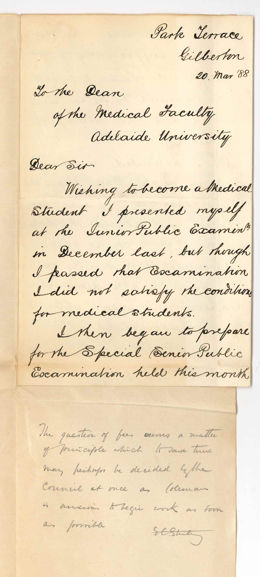 Frederick Coleman - Gilberton - Concerning his Failure to Pass the Senior Public Examination and Entry for the MB Course