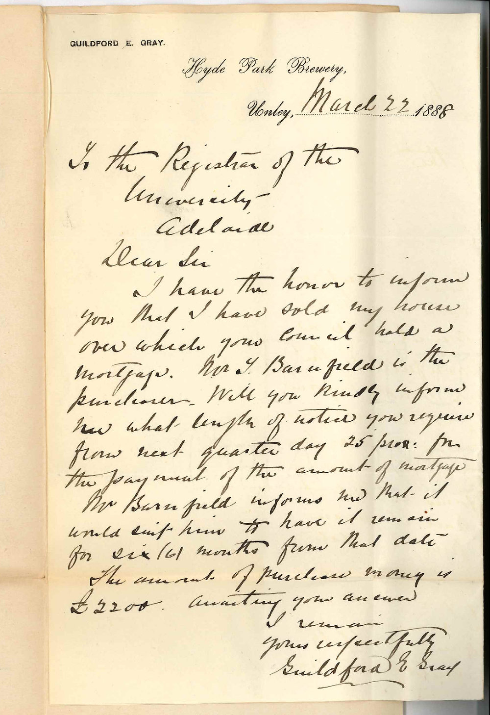 Guildford E Gray - Hyde Park Brewery - Unley - Advising Sale of House Which University Holds a Mortgage