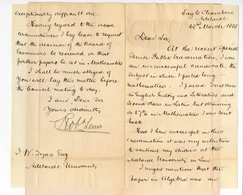 Robert Lewis - Adelaide - Concerning his Failure to Pass the Senior Public Examination in March