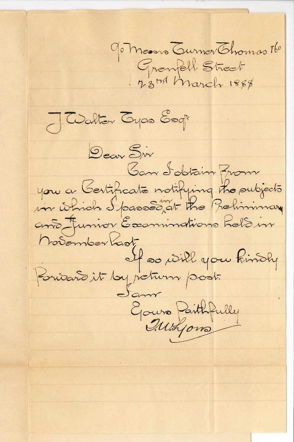 Thomas Wellington Lyons - Grenfell Street Adelaide - Junior Certificate