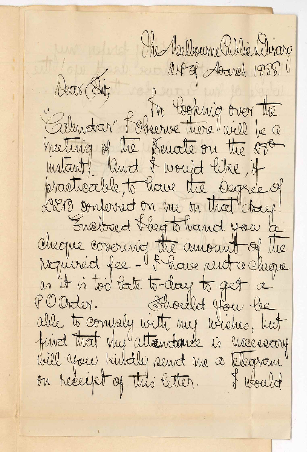 Albert E Jones - The Public Library - Melbourne - Wishes to Take Degree - Mistakes Senate Meeting for Commemoration