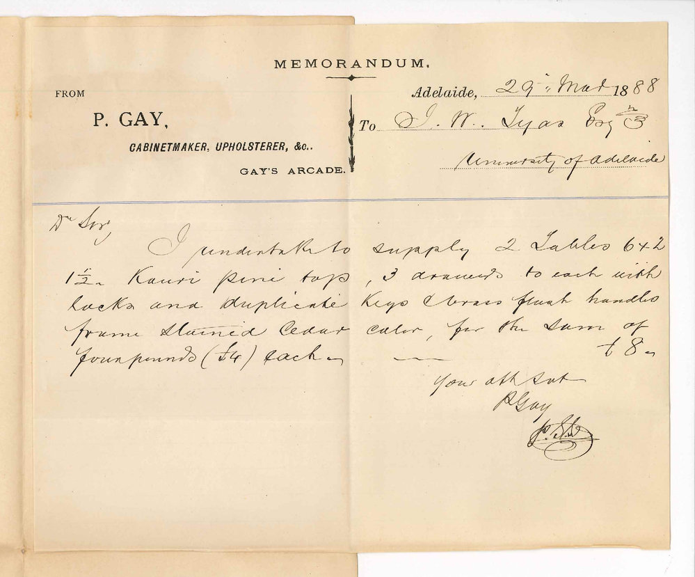 P Gay - Rundle Street Adelaide - Tender for Tables for Physiological Laboratory