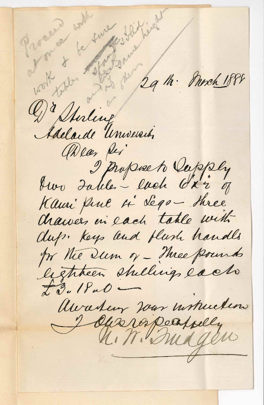 N W Trudgen - Adelaide - Tender for Tables for the Physiological Laboratory