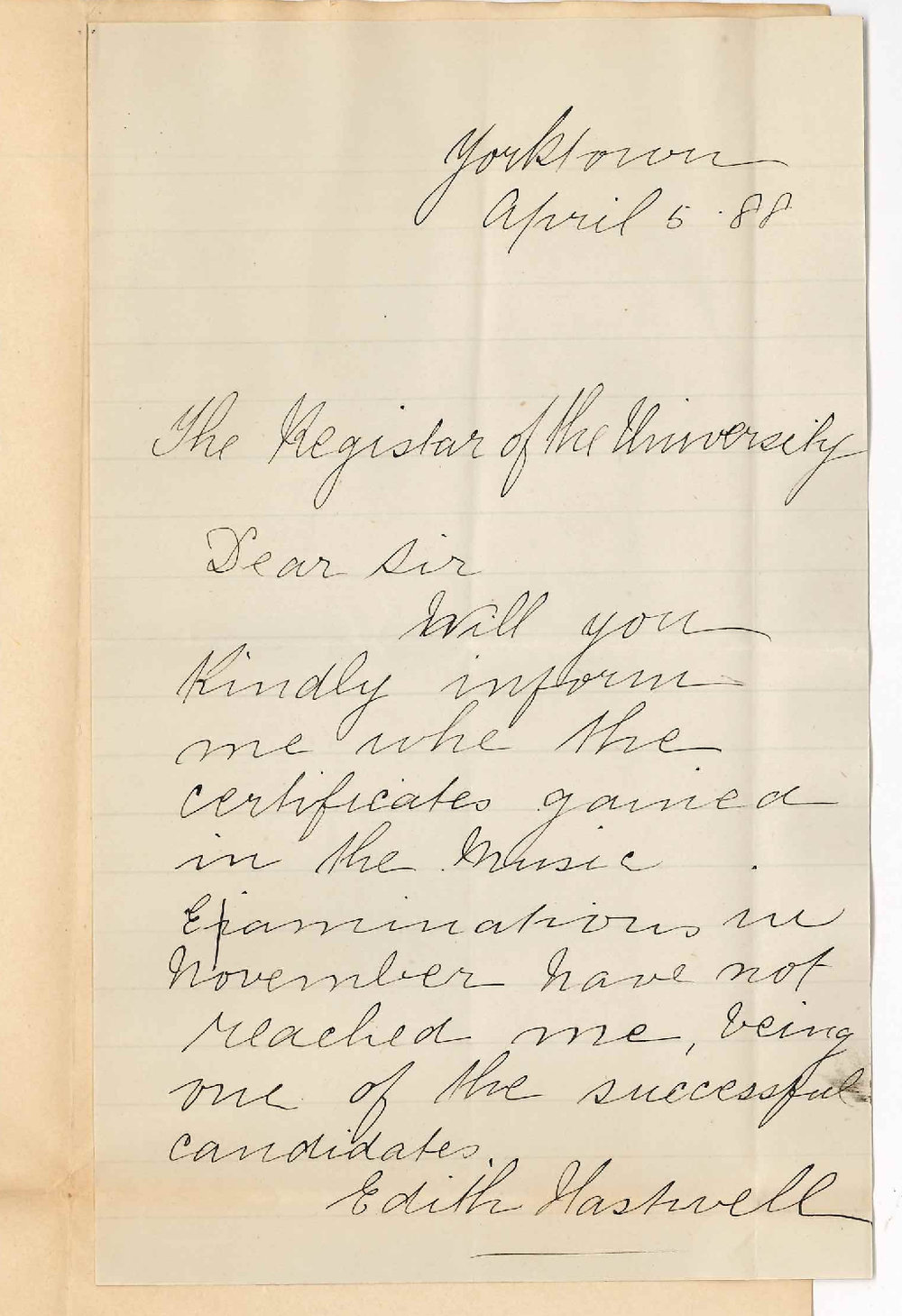 Miss Edith Hastwell - Yorketown - Asking for Music Certificate