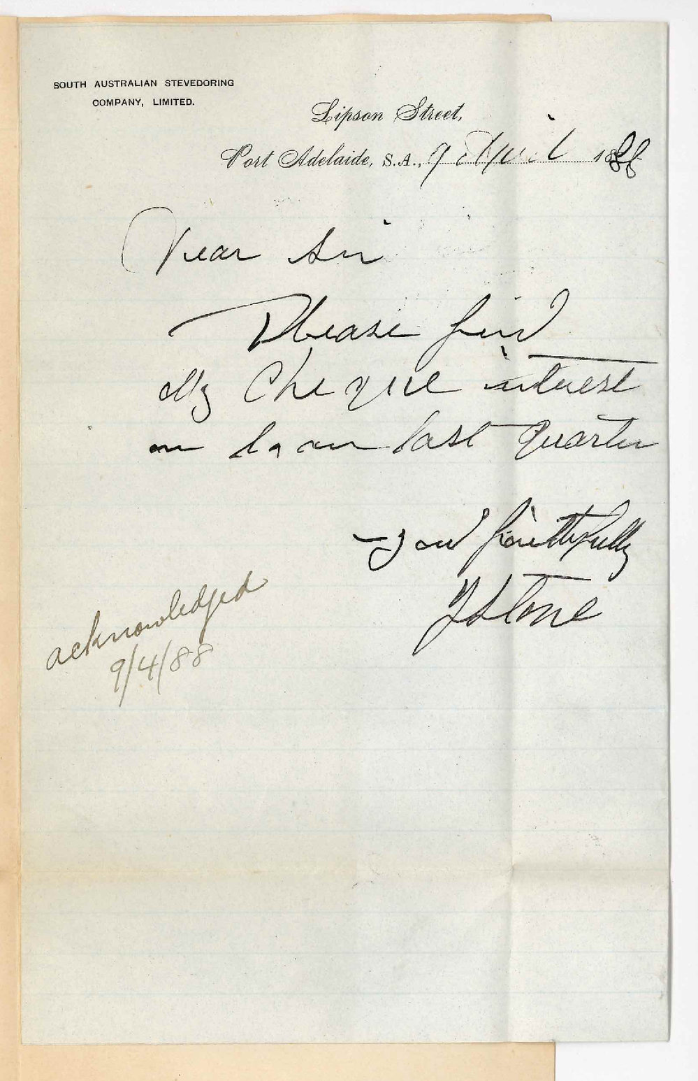 Joseph Stone - South Australian Stevedoring Company - Port Adelaide - Payment of Interest