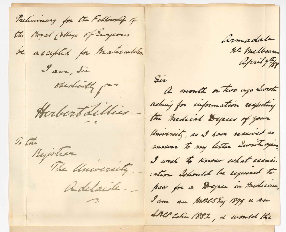 Dr Herbert Lillies - Armadale Victoria - Particulars Concerning MB Course Asking for Reply to Former Letter