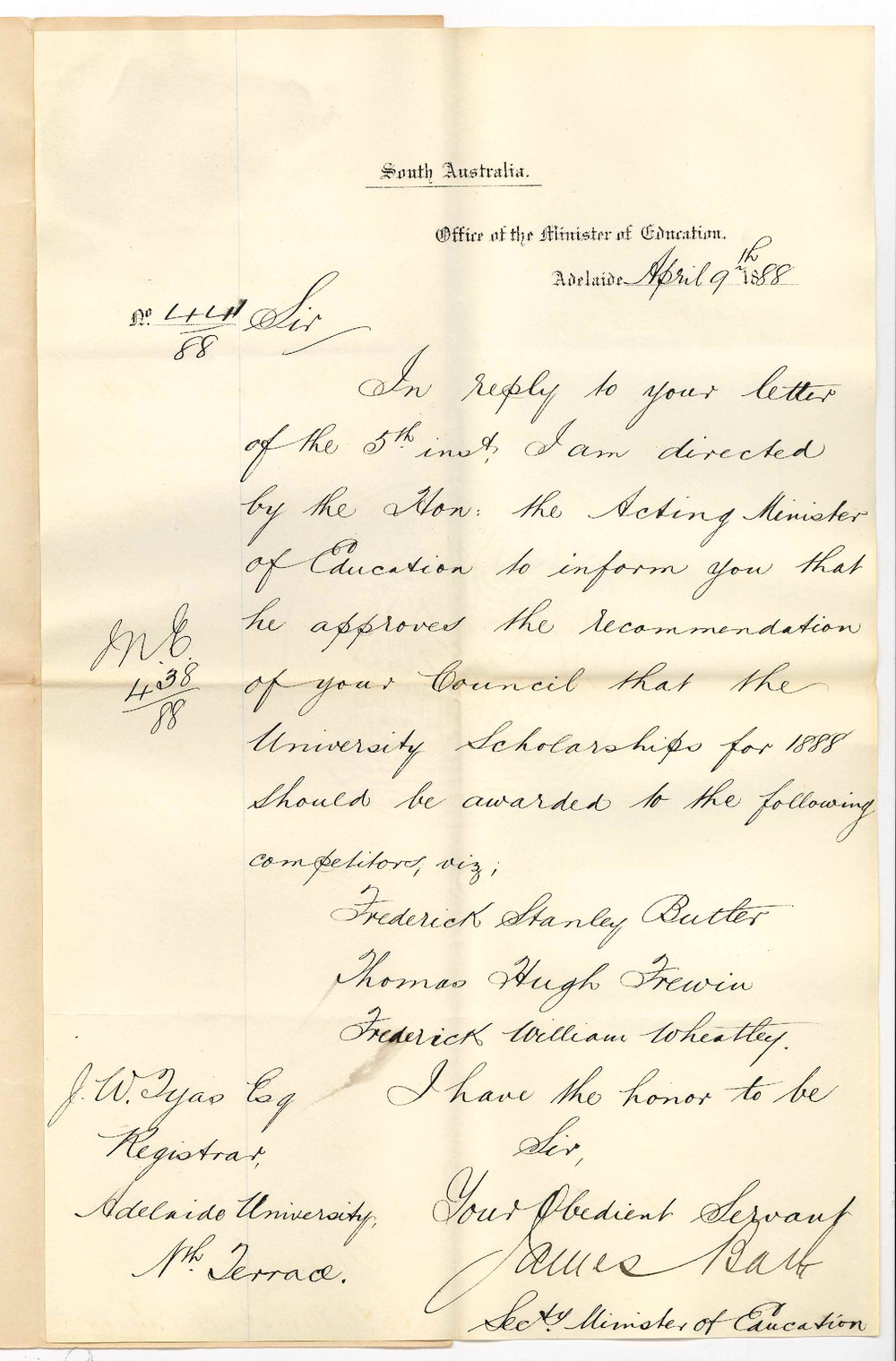 James Bath - Secretary - Office of the Minister of Education - Adelaide - Approving Names for University Scholarships