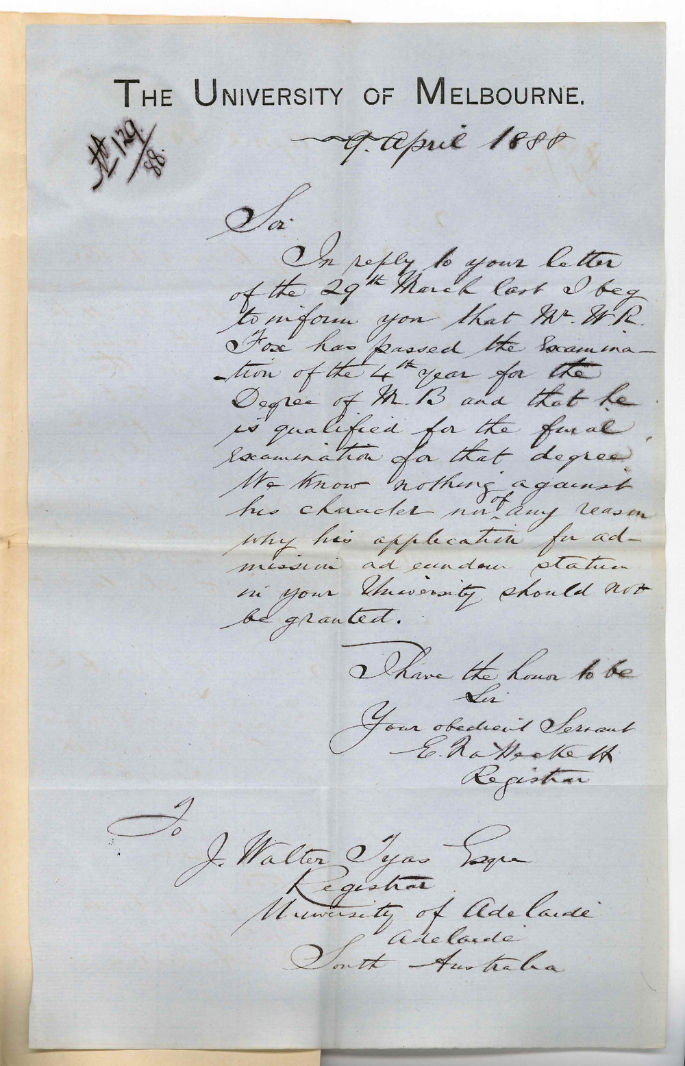 Edward Fitzhaley a'Beckett - Registrar - University of Melbourne - Concerning Mr W R Fox